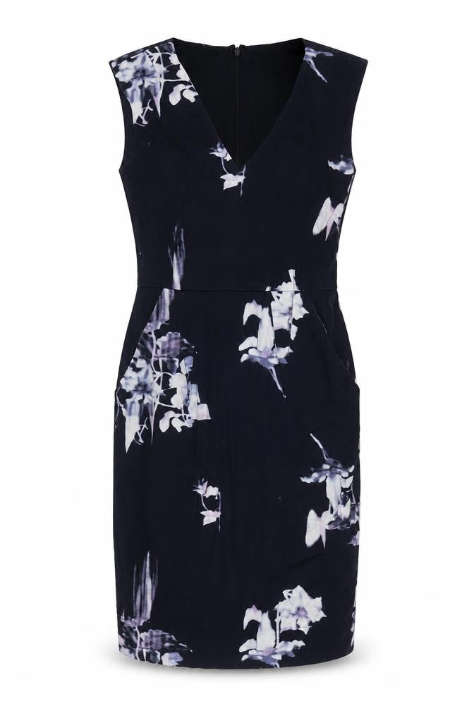 French Connection Womens Blue Floral Cotton A-Line Size 6 V-Neck Zip
