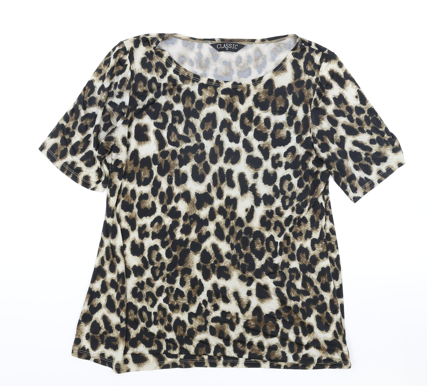 Classic Womens Brown Animal Print Polyester Basic T-Shirt Size 12 Round Neck - Leopard Print