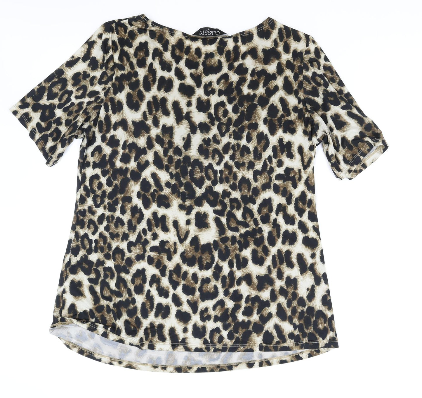 Classic Womens Brown Animal Print Polyester Basic T-Shirt Size 12 Round Neck - Leopard Print