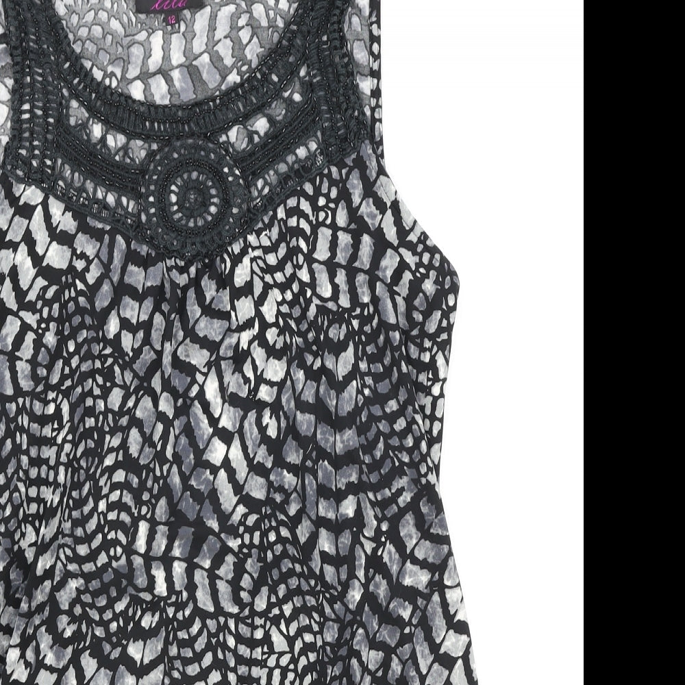 Lila Womens Grey Geometric Viscose A-Line Size 12 Scoop Neck Pullover