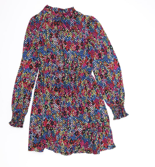 Oasis Womens Multicoloured Geometric Polyester Fit & Flare Size S Mock Neck Button