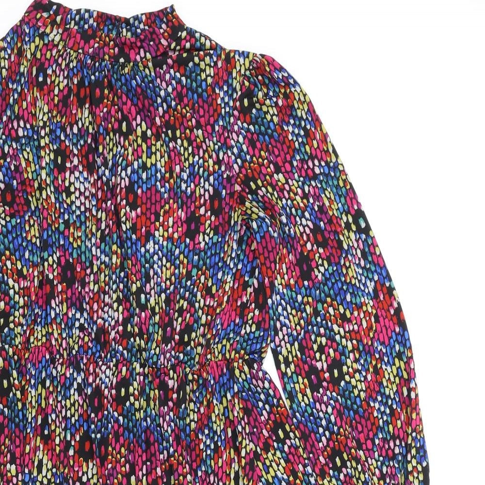 Oasis Womens Multicoloured Geometric Polyester Fit & Flare Size S Mock Neck Button