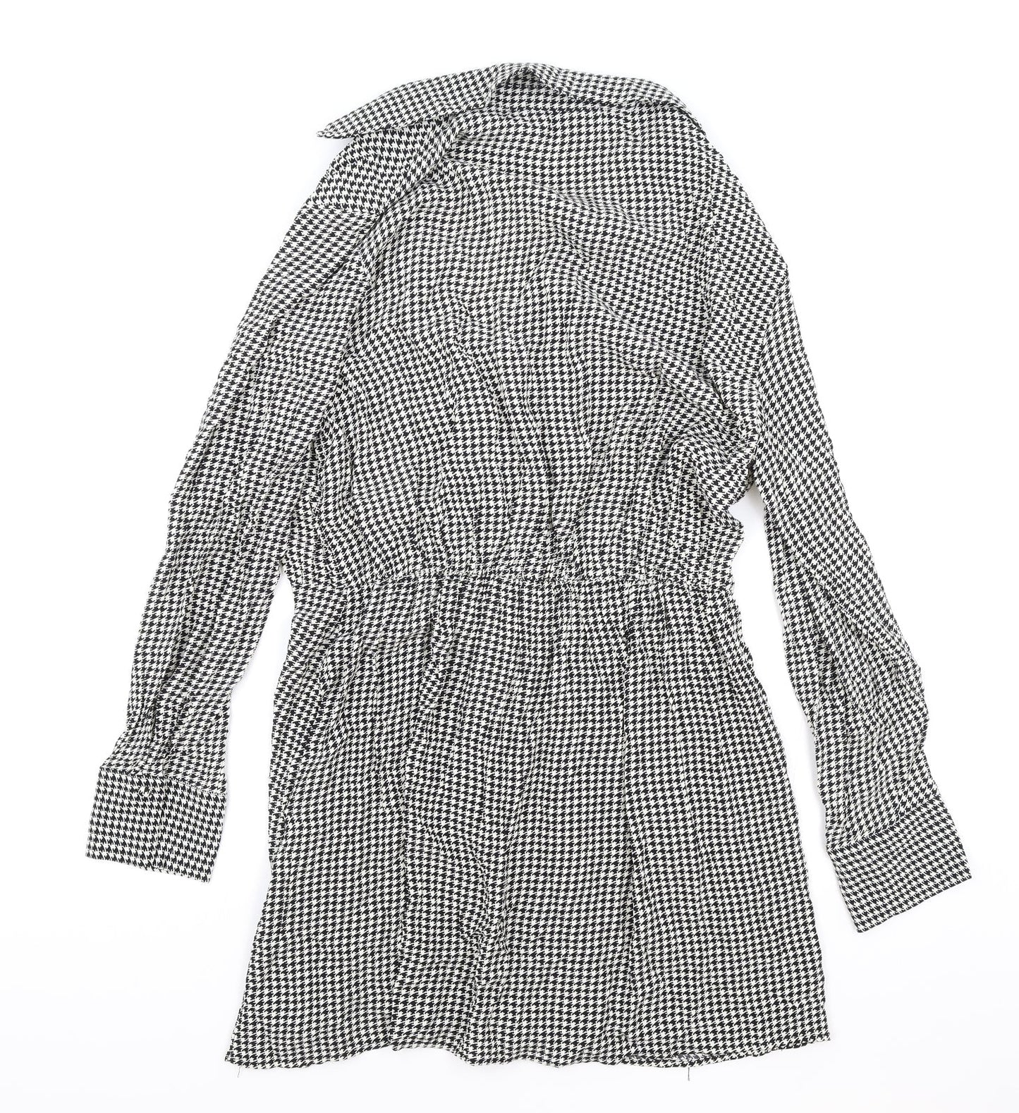 Zara Womens Black Houndstooth Viscose Shirt Dress Size L Collared Pullover
