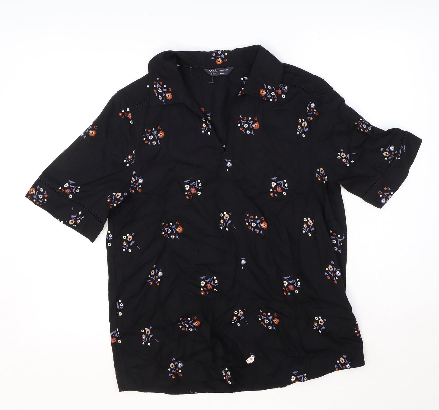 Marks and Spencer Womens Black Geometric Viscose Basic Blouse Size 8 V-Neck
