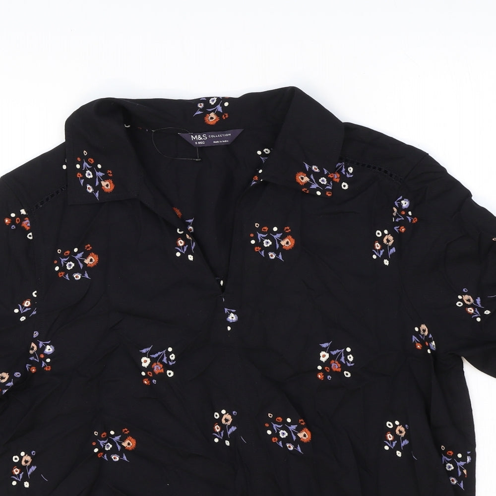 Marks and Spencer Womens Black Geometric Viscose Basic Blouse Size 8 V-Neck