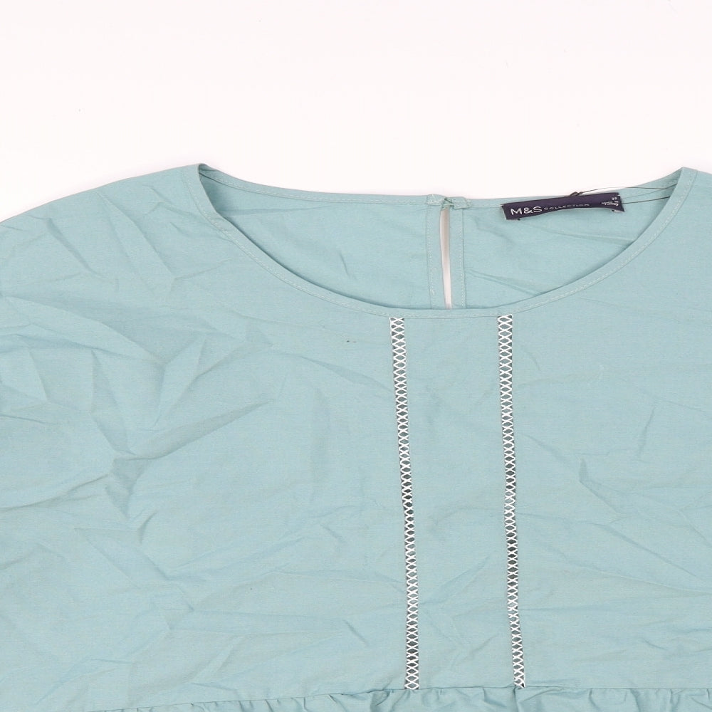 Marks and Spencer Womens Green 100% Cotton Basic Blouse Size 16 Round Neck
