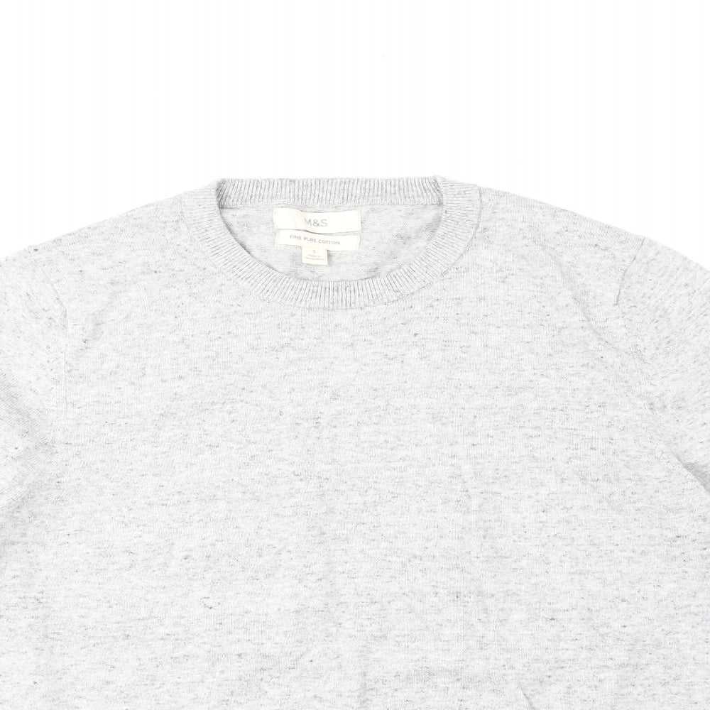 Marks and Spencer Mens Grey Round Neck Cotton Pullover Jumper Size S Long Sleeve