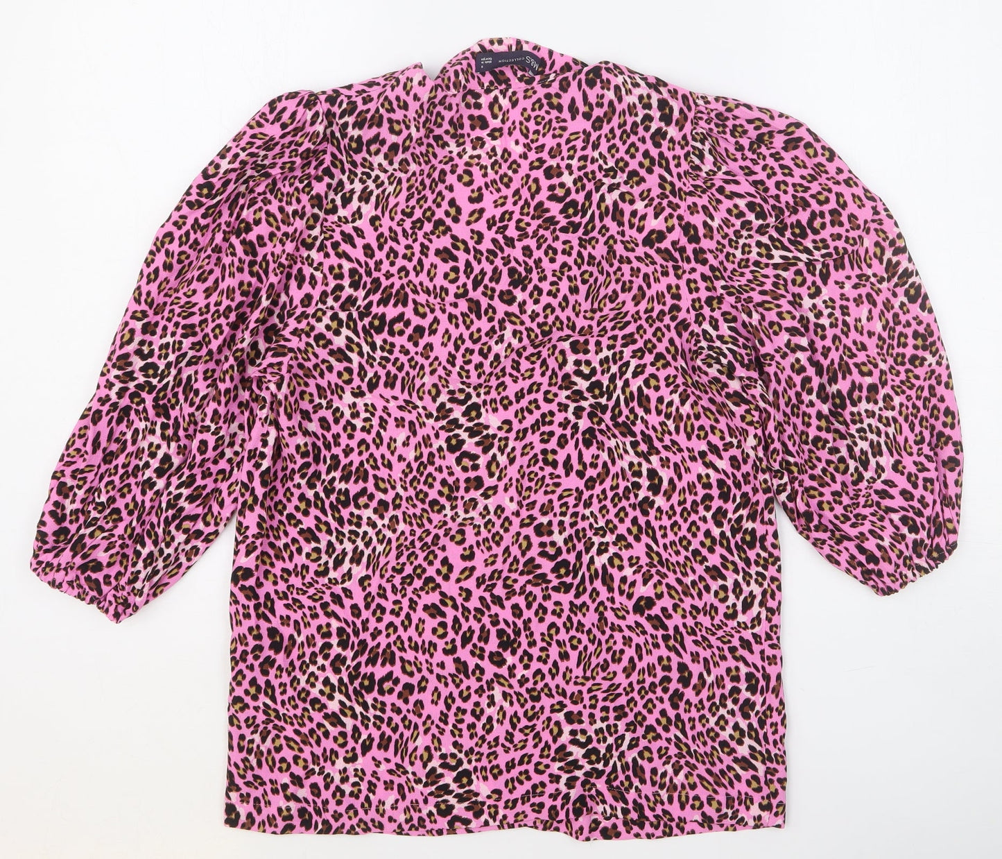 Marks and Spencer Womens Pink Animal Print Viscose Basic Button-Up Size 8 V-Neck - Leopard Print