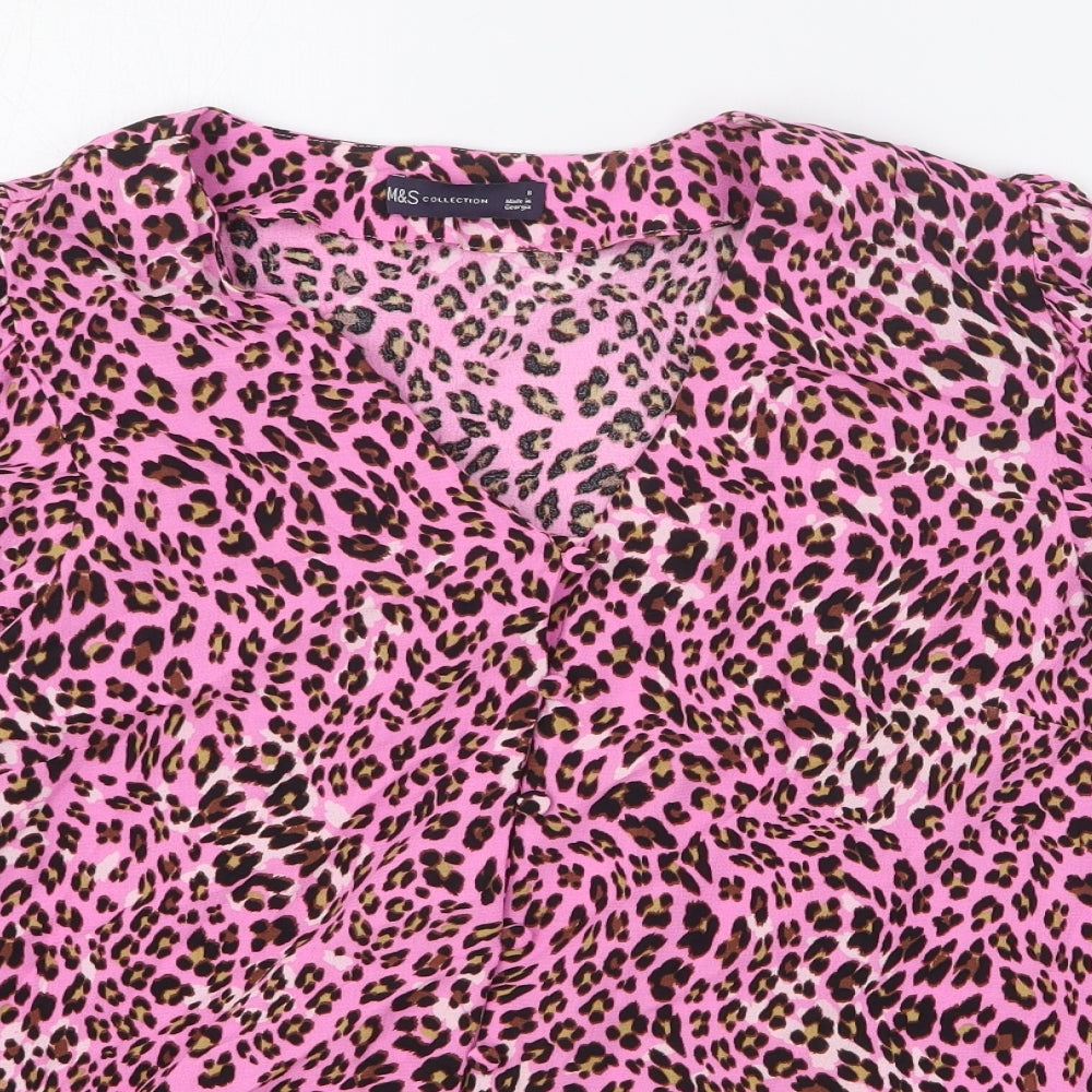 Marks and Spencer Womens Pink Animal Print Viscose Basic Button-Up Size 8 V-Neck - Leopard Print