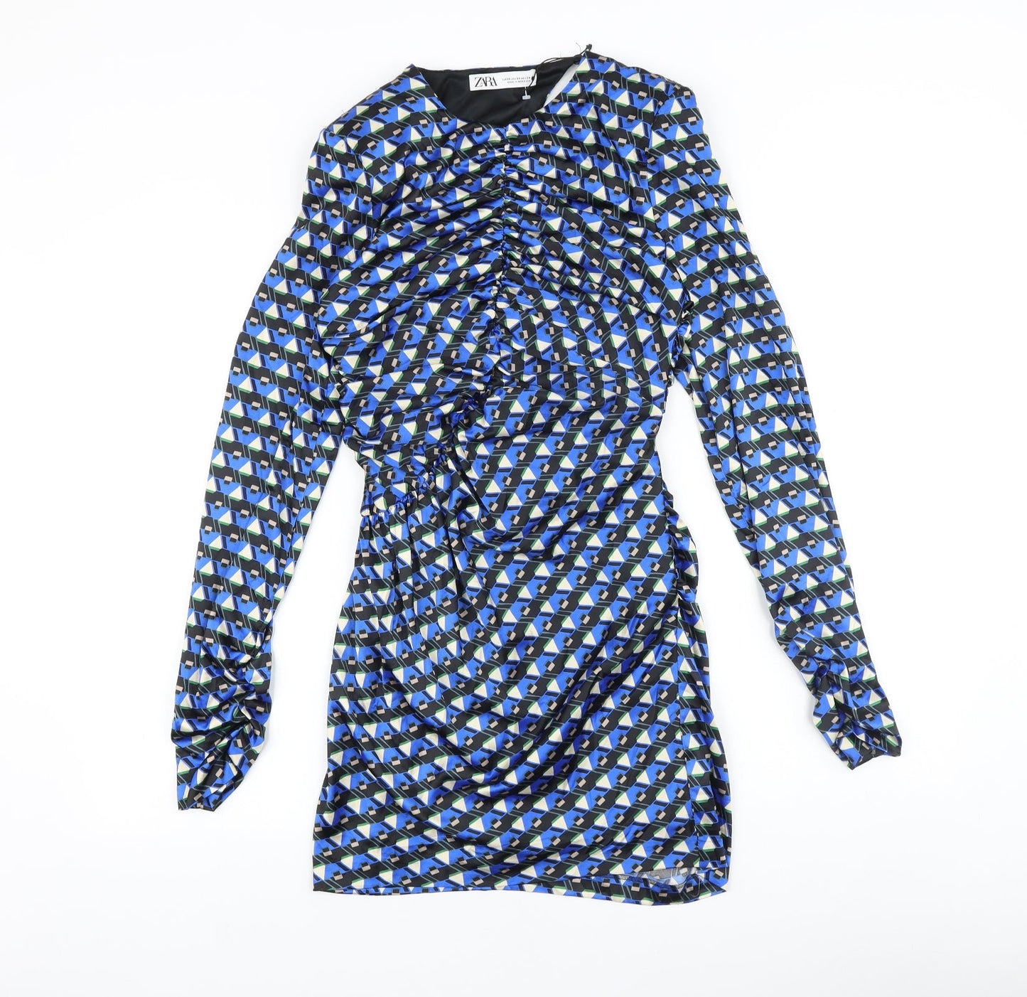 Zara Womens Blue Geometric Polyester Bodycon Size S Round Neck Zip