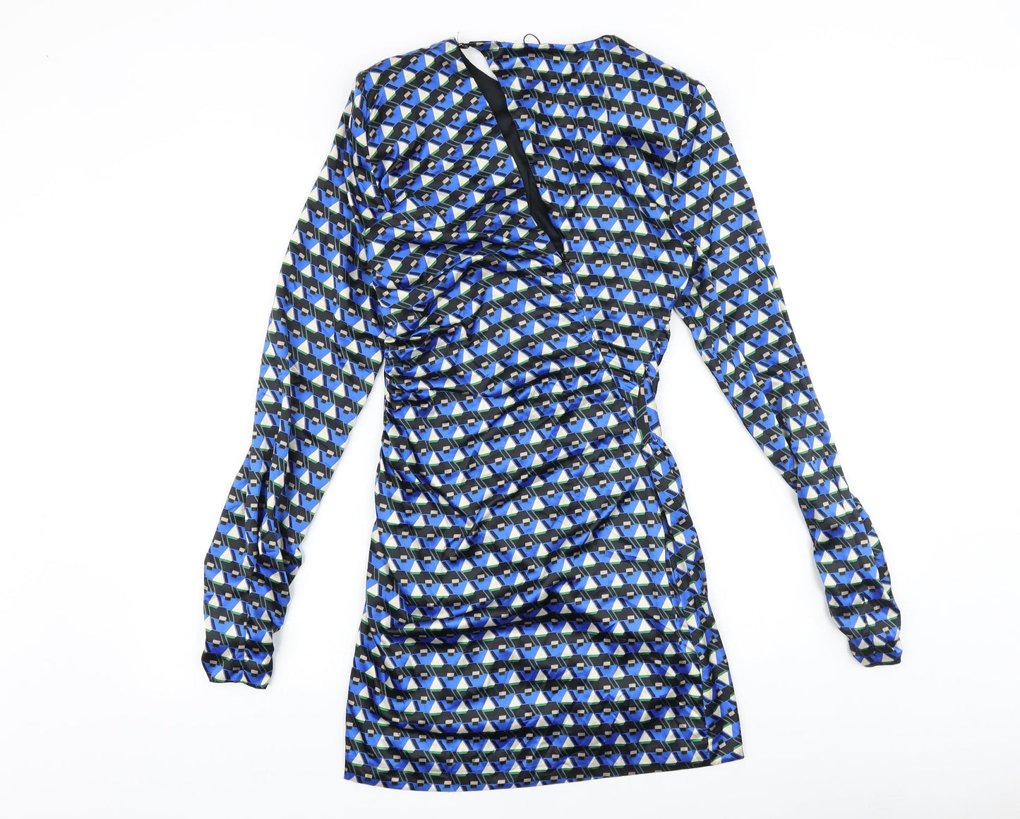 Zara Womens Blue Geometric Polyester Bodycon Size S Round Neck Zip