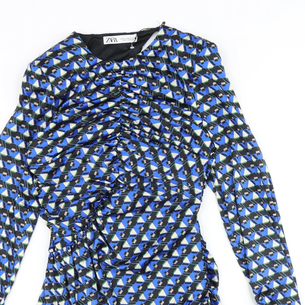 Zara Womens Blue Geometric Polyester Bodycon Size S Round Neck Zip