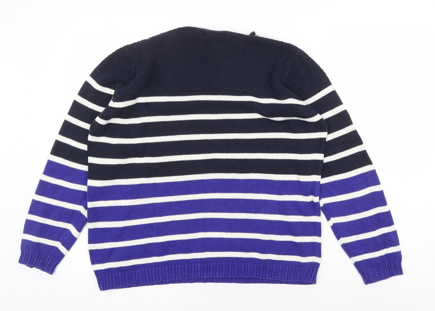 Bonmarché Womens Blue Round Neck Striped 100% Cotton Pullover Jumper Size M