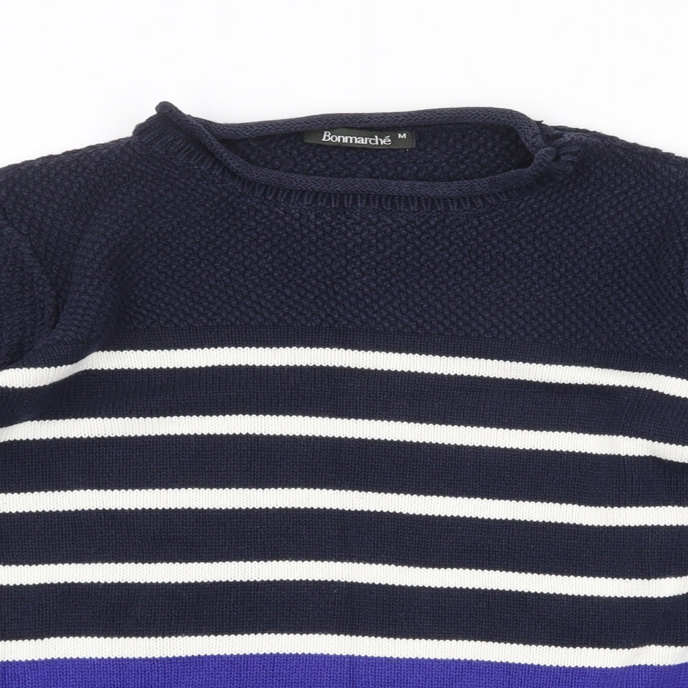 Bonmarché Womens Blue Round Neck Striped 100% Cotton Pullover Jumper Size M