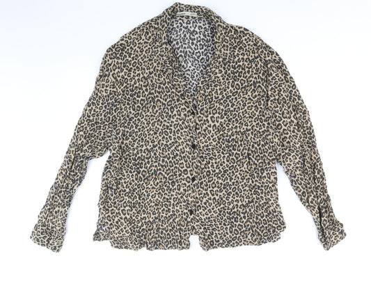 Pull&Bear Womens Brown Animal Print Viscose Basic Button-Up Size L V-Neck - Leopard Print