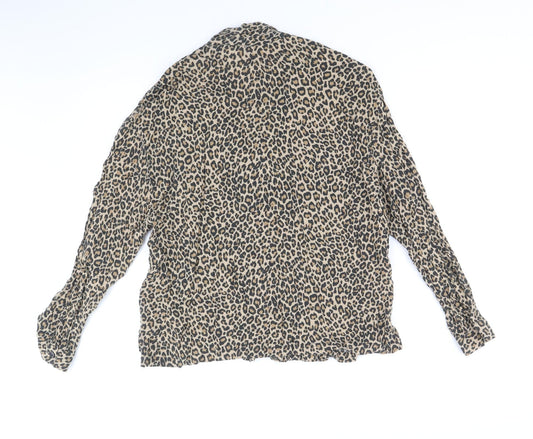 Pull&Bear Womens Brown Animal Print Viscose Basic Button-Up Size L V-Neck - Leopard Print
