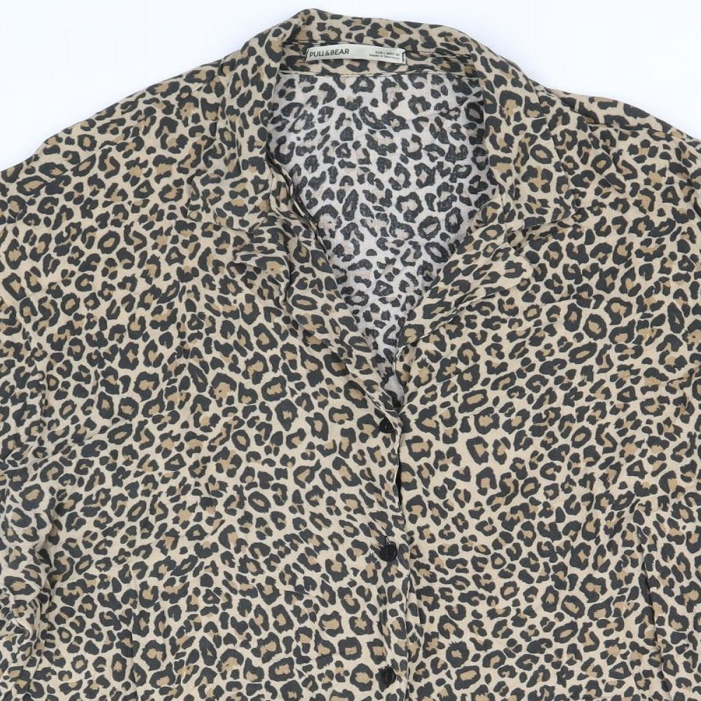 Pull&Bear Womens Brown Animal Print Viscose Basic Button-Up Size L V-Neck - Leopard Print