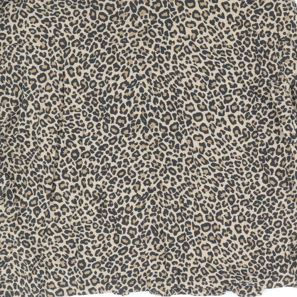 Pull&Bear Womens Brown Animal Print Viscose Basic Button-Up Size L V-Neck - Leopard Print