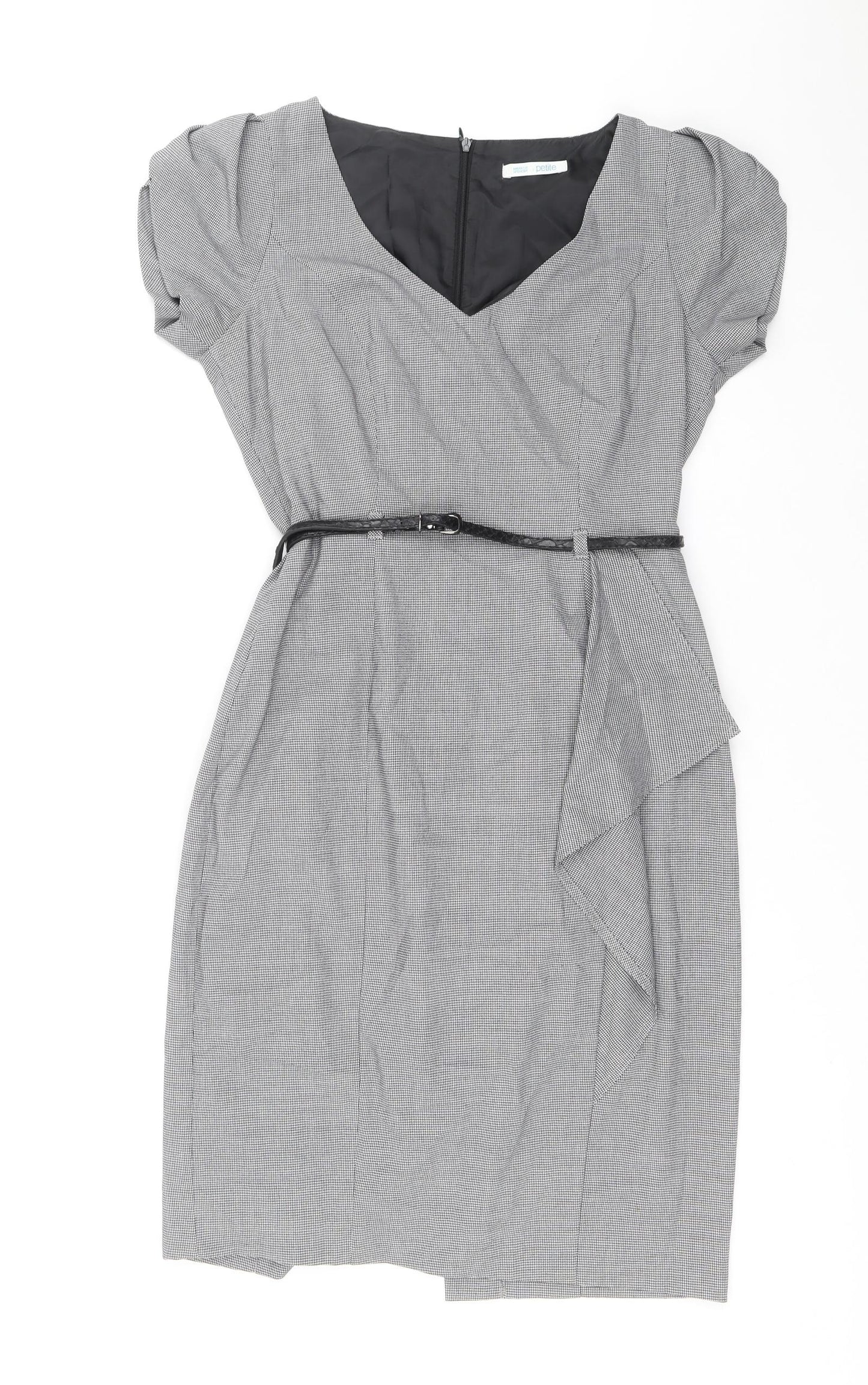 Marks and Spencer Womens Black Herringbone Polyester A-Line Size 10 V-Neck Zip - Removable belt