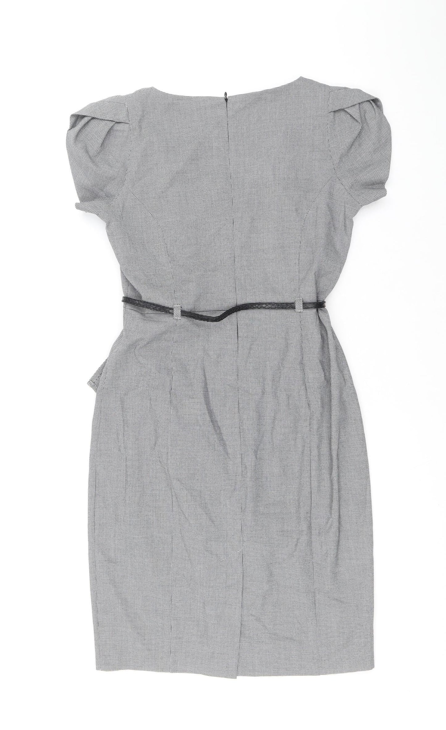 Marks and Spencer Womens Black Herringbone Polyester A-Line Size 10 V-Neck Zip - Removable belt