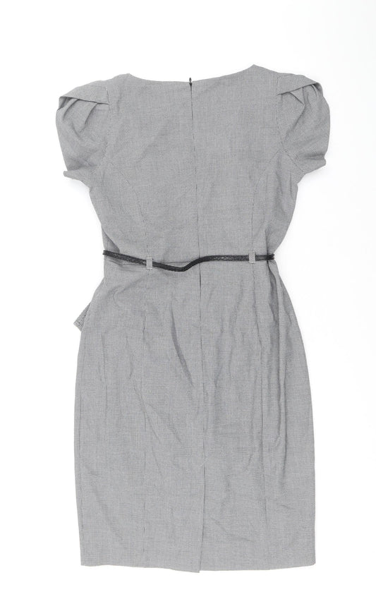 Marks and Spencer Womens Black Herringbone Polyester A-Line Size 10 V-Neck Zip - Removable belt