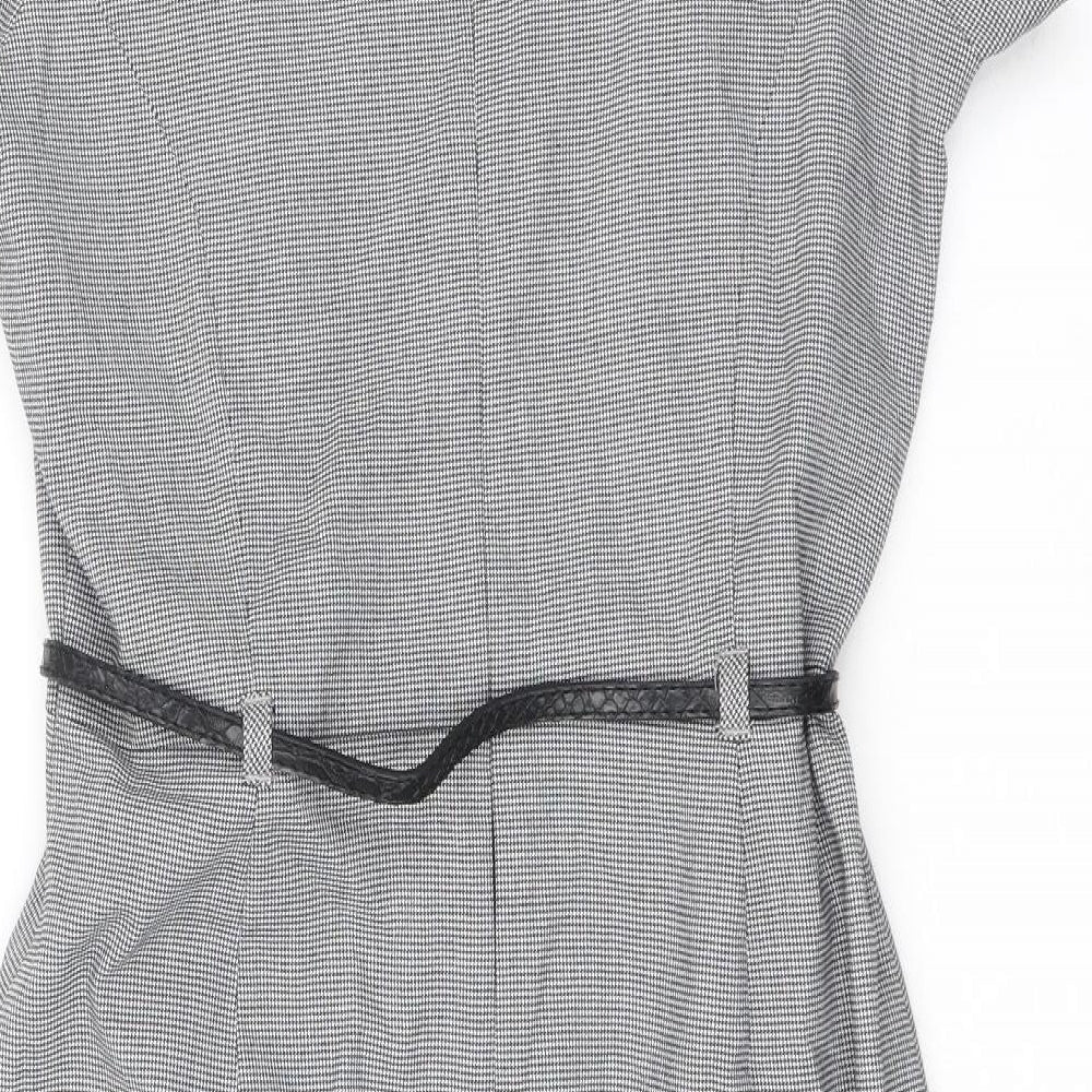 Marks and Spencer Womens Black Herringbone Polyester A-Line Size 10 V-Neck Zip - Removable belt