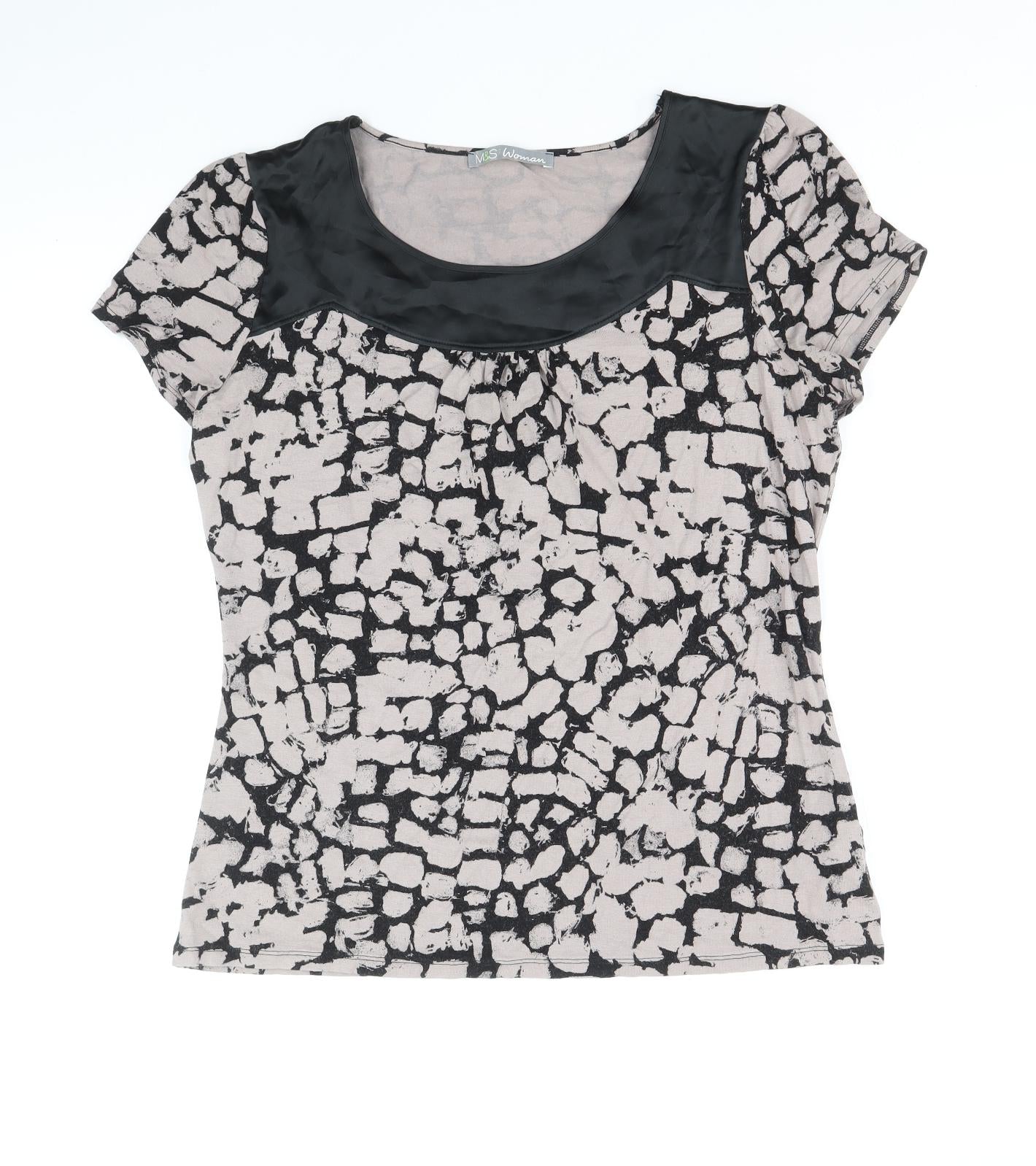 Marks and Spencer Womens Black Geometric Viscose Basic Blouse Size 12 Round Neck