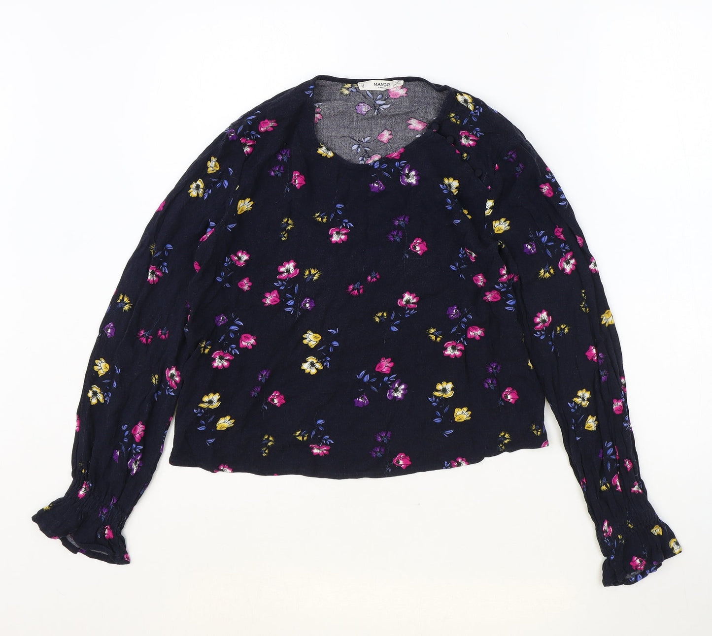 Mango Womens Blue Floral Viscose Basic Blouse Size S Scoop Neck