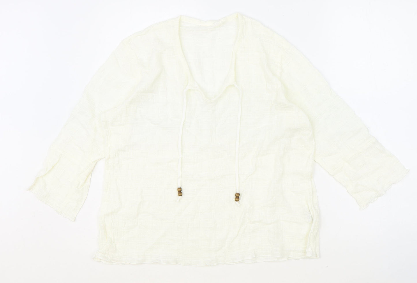 Preworn Womens Ivory 100% Cotton Basic Blouse Size L V-Neck - Tie Neck Detail