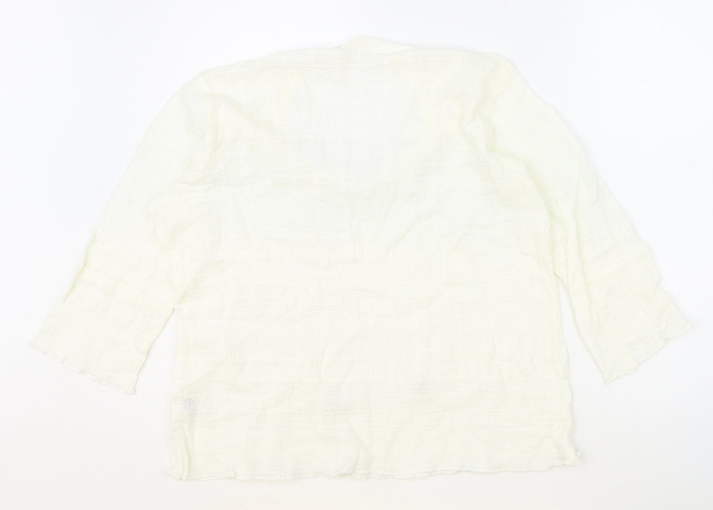 Preworn Womens Ivory 100% Cotton Basic Blouse Size L V-Neck - Tie Neck Detail