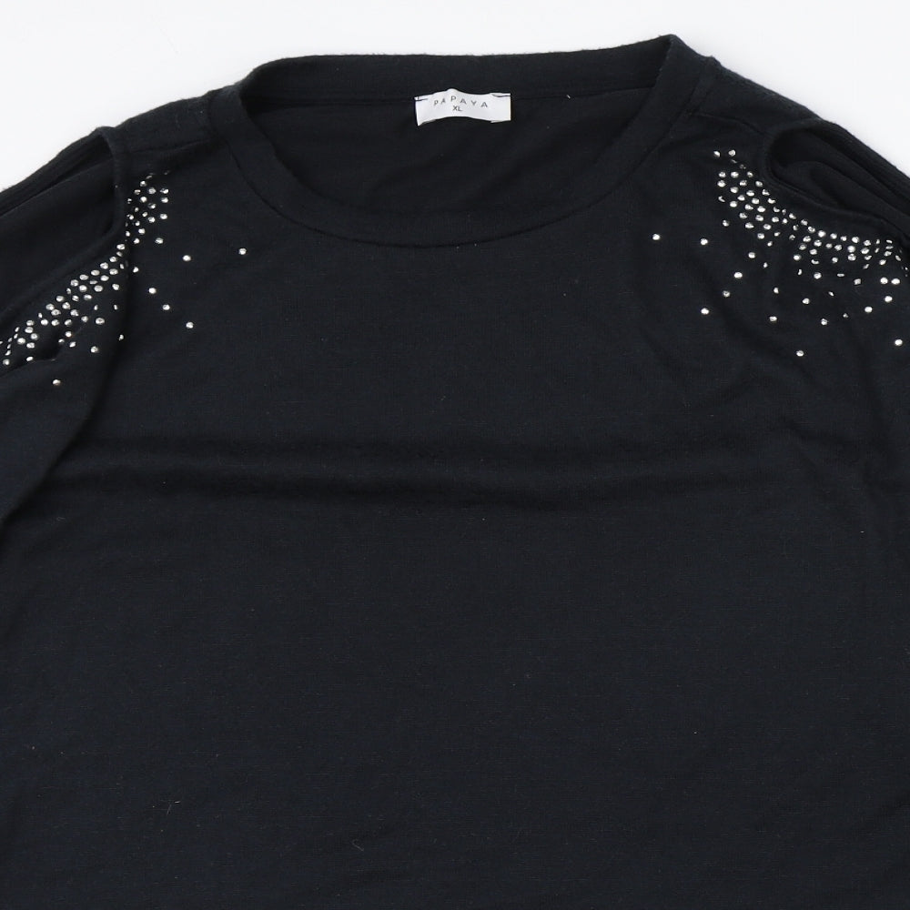 Papaya Womens Black Polyester Basic Blouse Size XL Scoop Neck - Cold Shoulder Detail