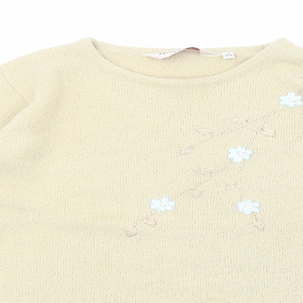 EWM Womens Beige Round Neck Acrylic Pullover Jumper Size M - Floral