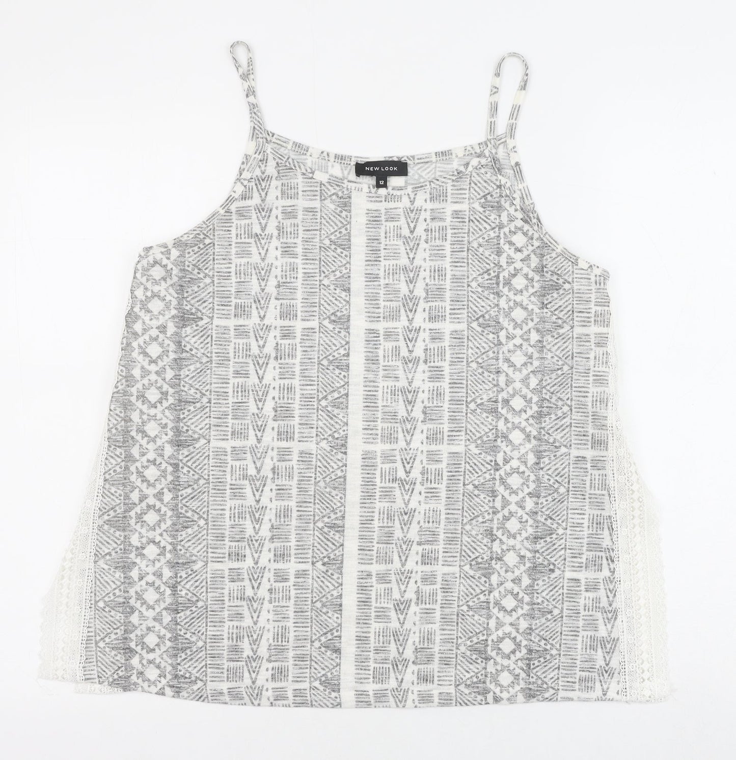 New Look Womens Grey Geometric Polyester Basic Tank Size 12 Round Neck - Lace Detail