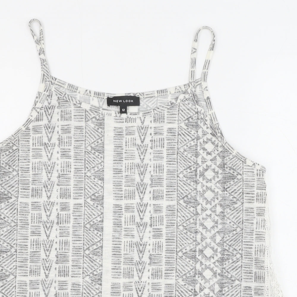 New Look Womens Grey Geometric Polyester Basic Tank Size 12 Round Neck - Lace Detail