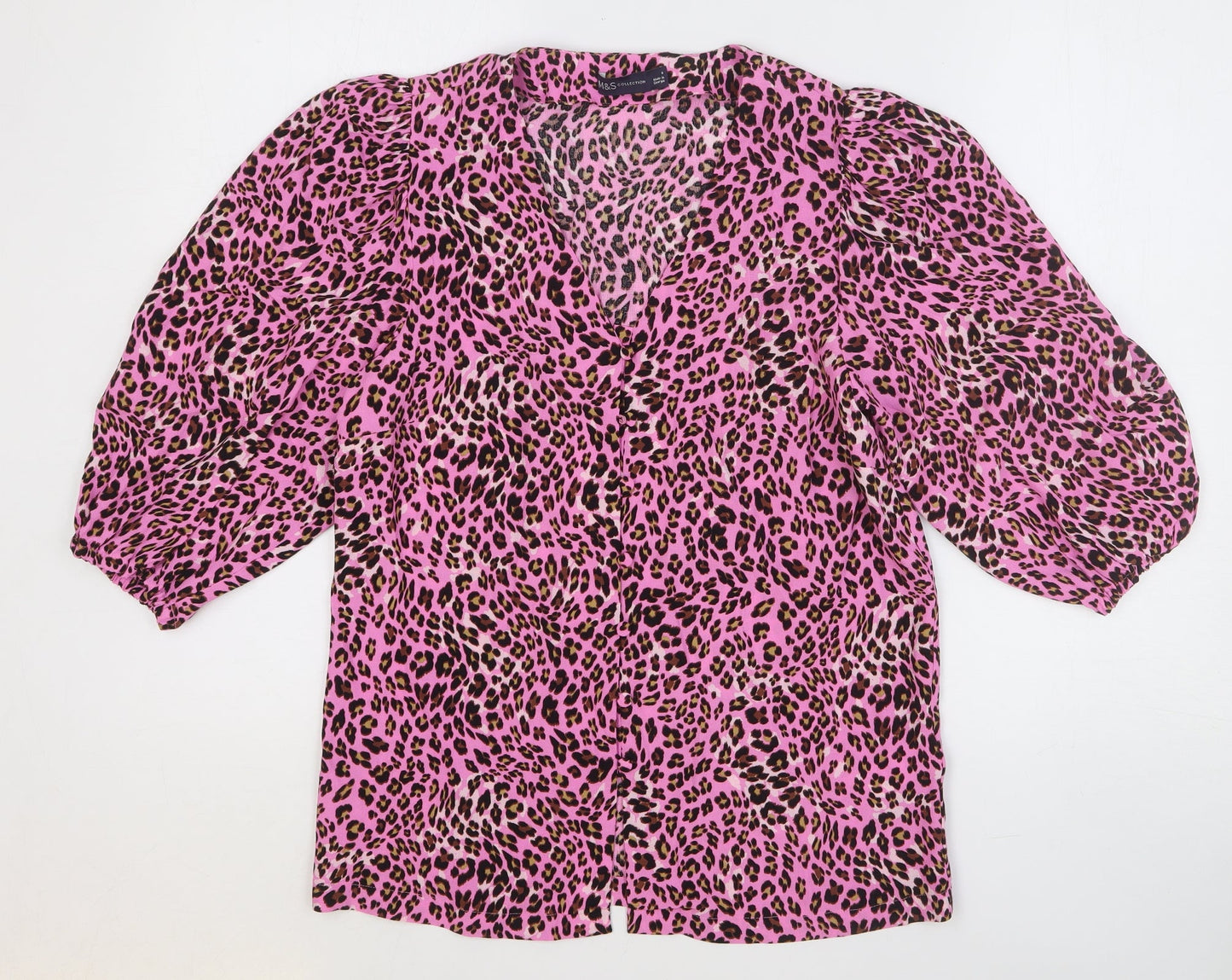 Marks and Spencer Womens Pink Animal Print Viscose Basic Blouse Size 8 V-Neck - Leopard Print
