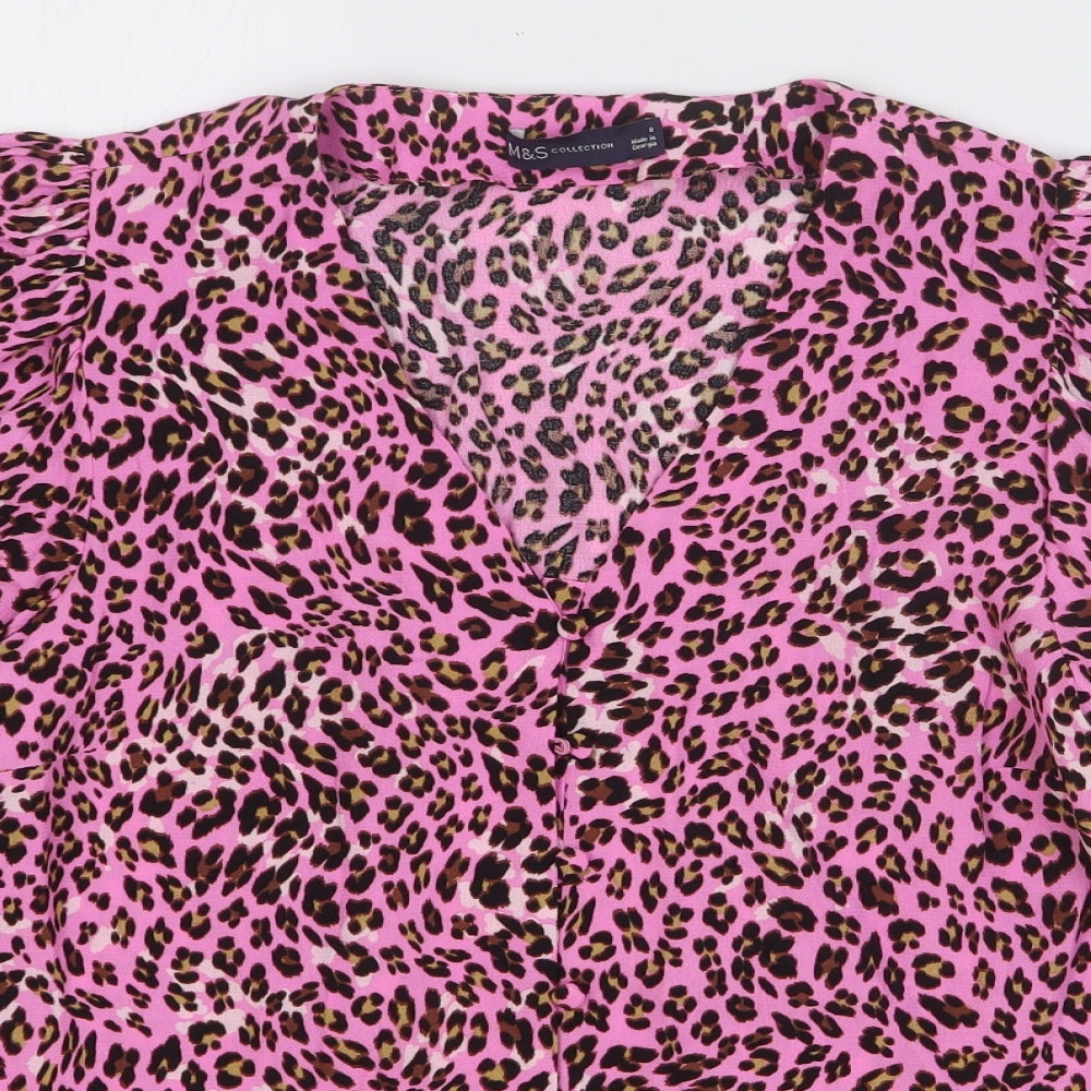 Marks and Spencer Womens Pink Animal Print Viscose Basic Blouse Size 8 V-Neck - Leopard Print