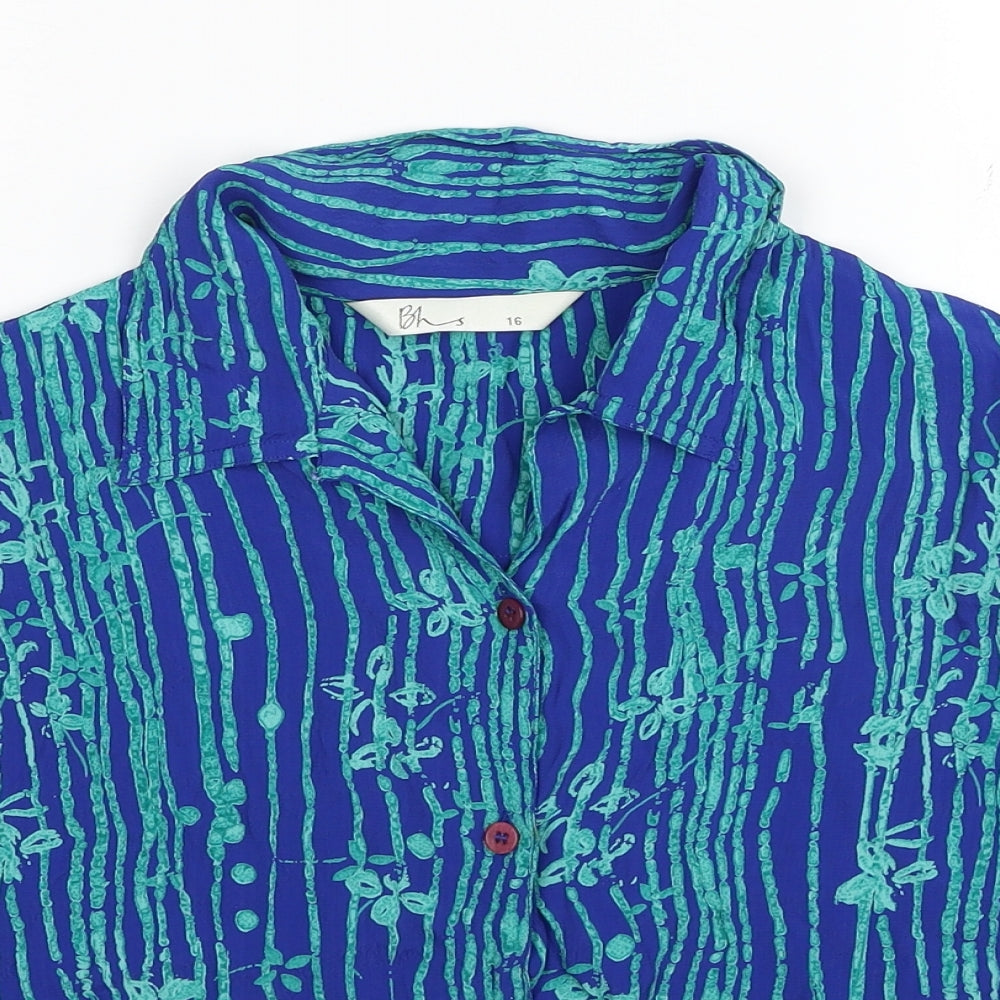 BHS Womens Blue Geometric Viscose Basic Button-Up Size 16 V-Neck