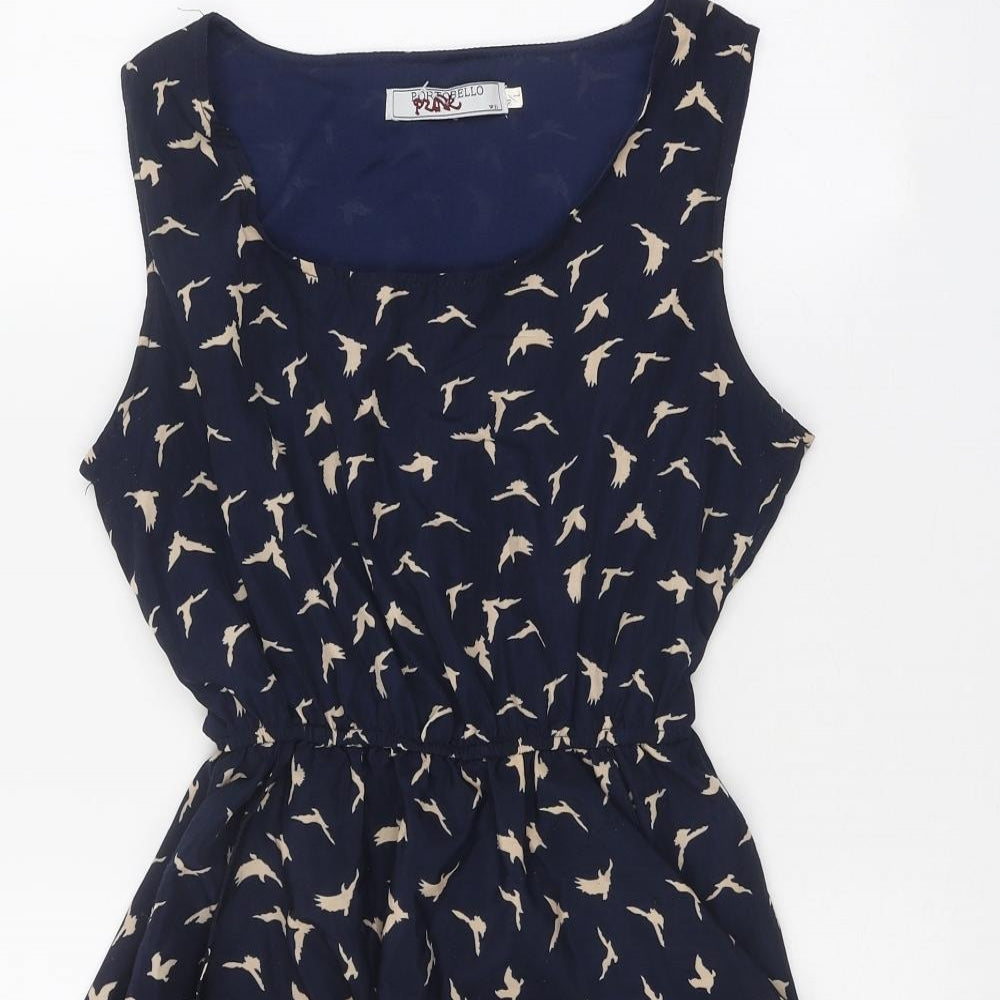 Portobello Womens Blue Geometric Polyester Fit & Flare Size M Scoop Neck Tie - Bird Pattern