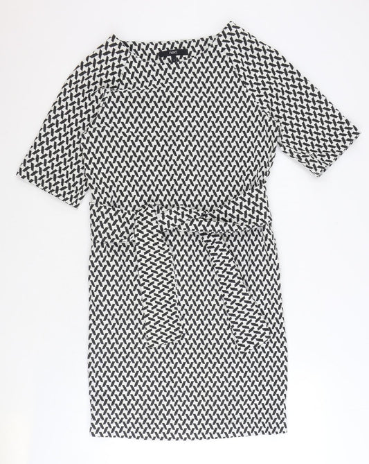 NEXT Womens Black Geometric Polyester A-Line Size 8 Boat Neck Pullover