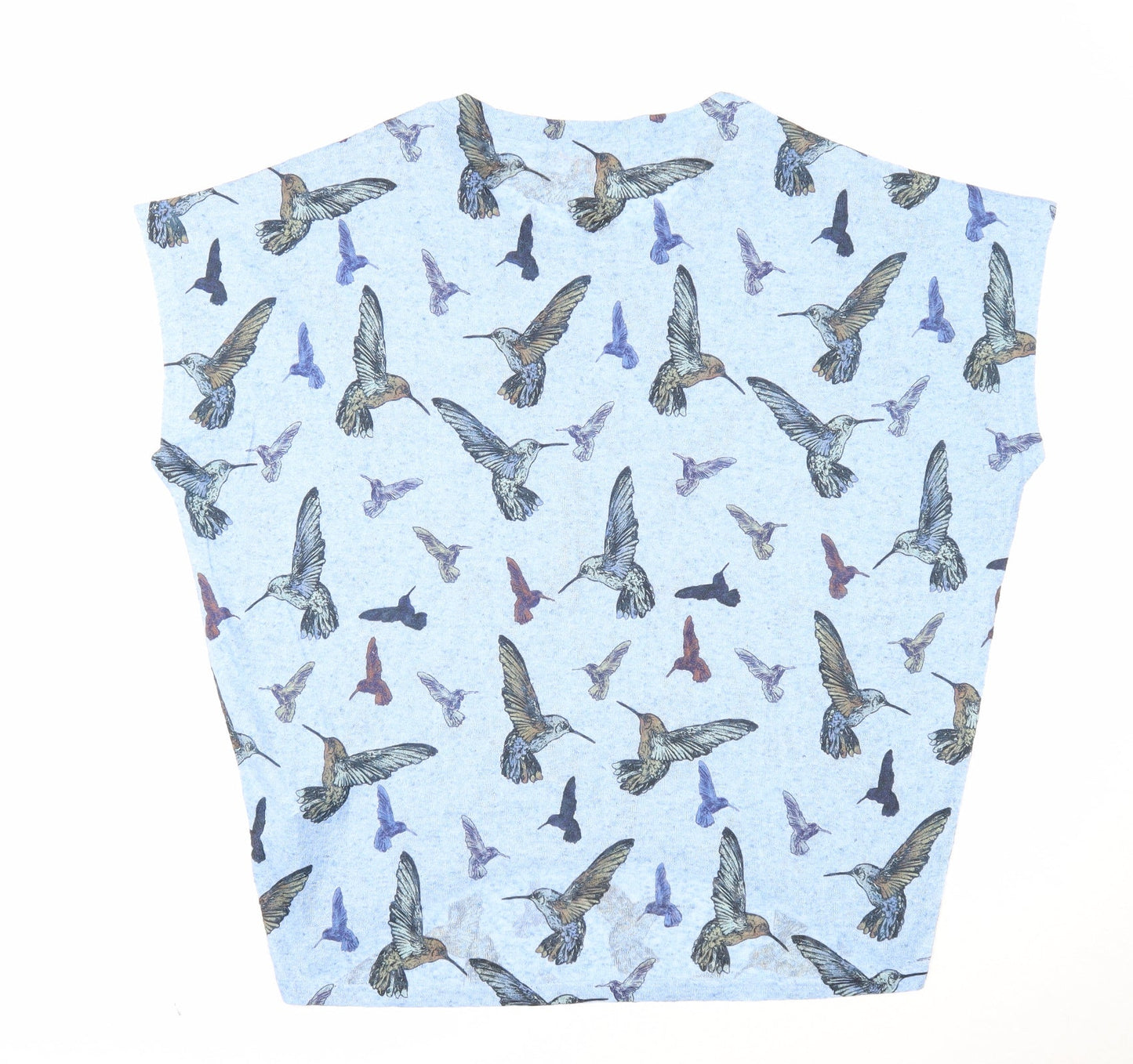 QED London Womens Blue Geometric Polyester Basic T-Shirt Size S Round Neck - Bird Pattern