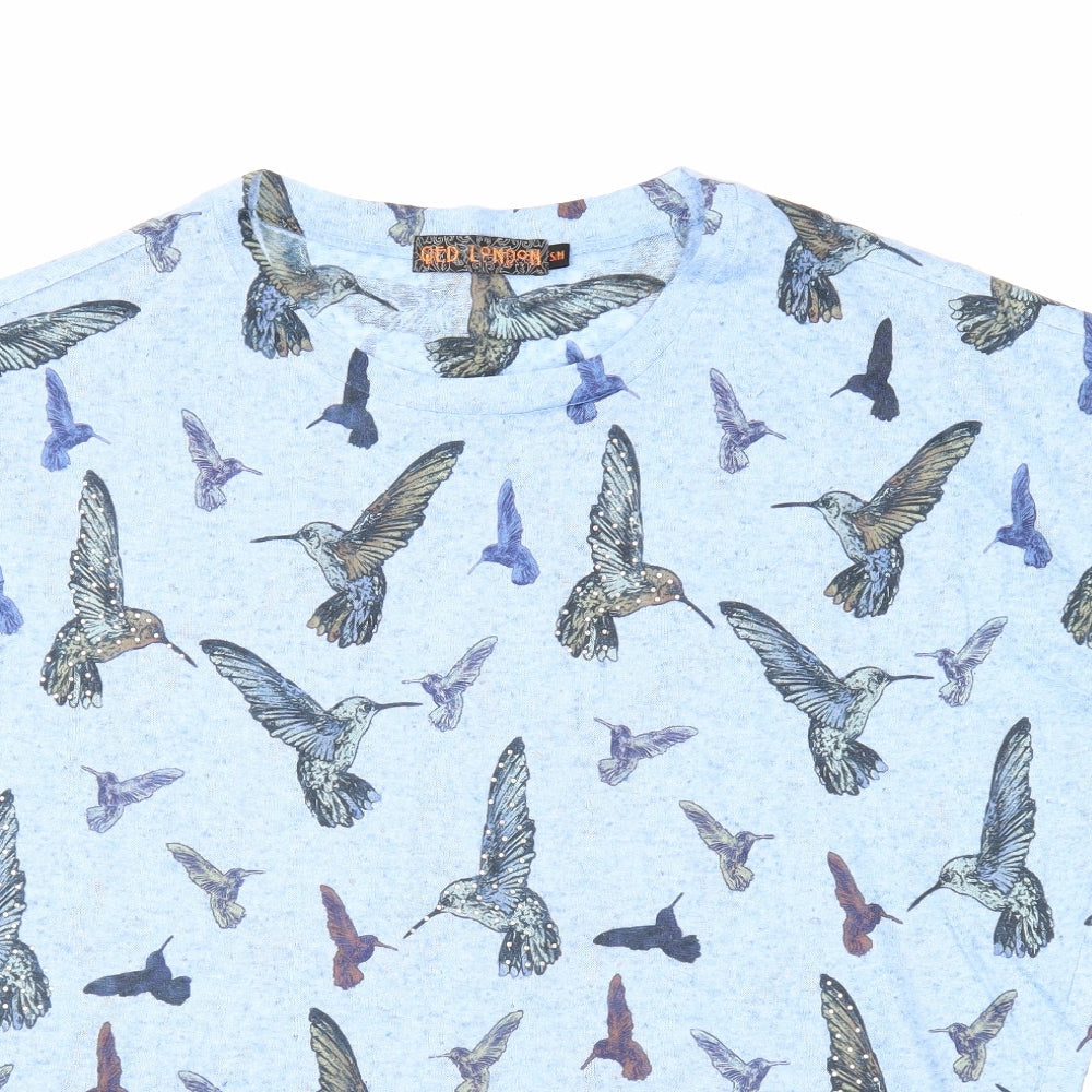 QED London Womens Blue Geometric Polyester Basic T-Shirt Size S Round Neck - Bird Pattern