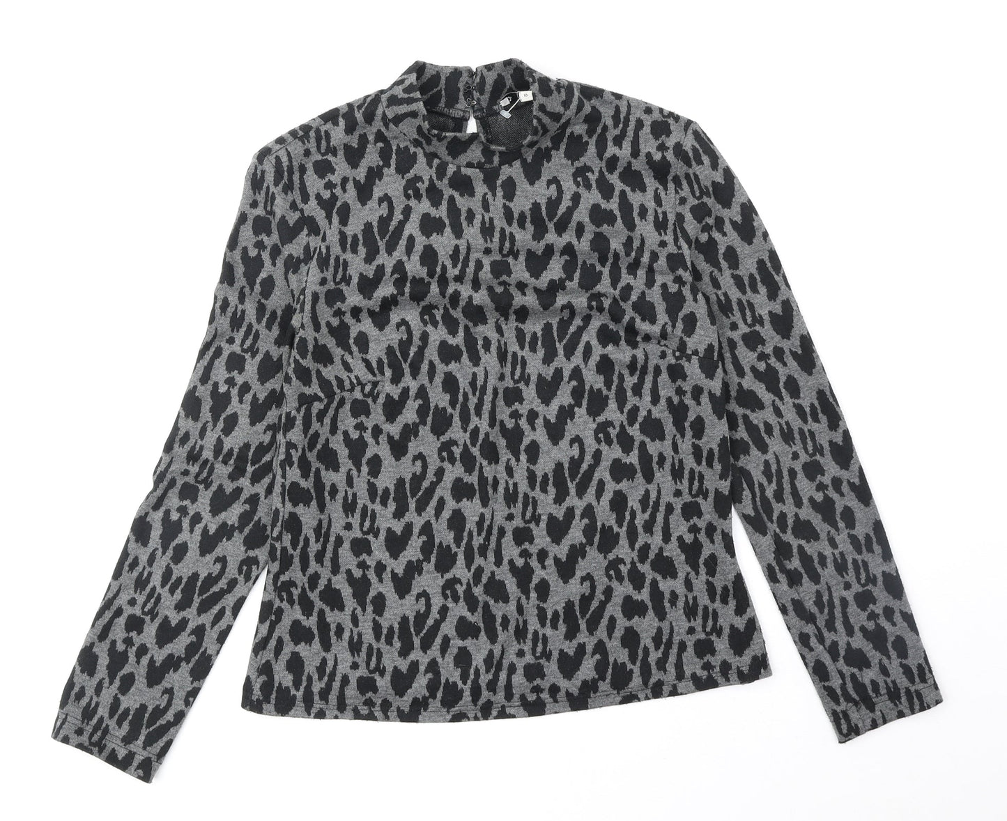 Warehouse Womens Black Mock Neck Animal Print Polyester Pullover Jumper Size 10