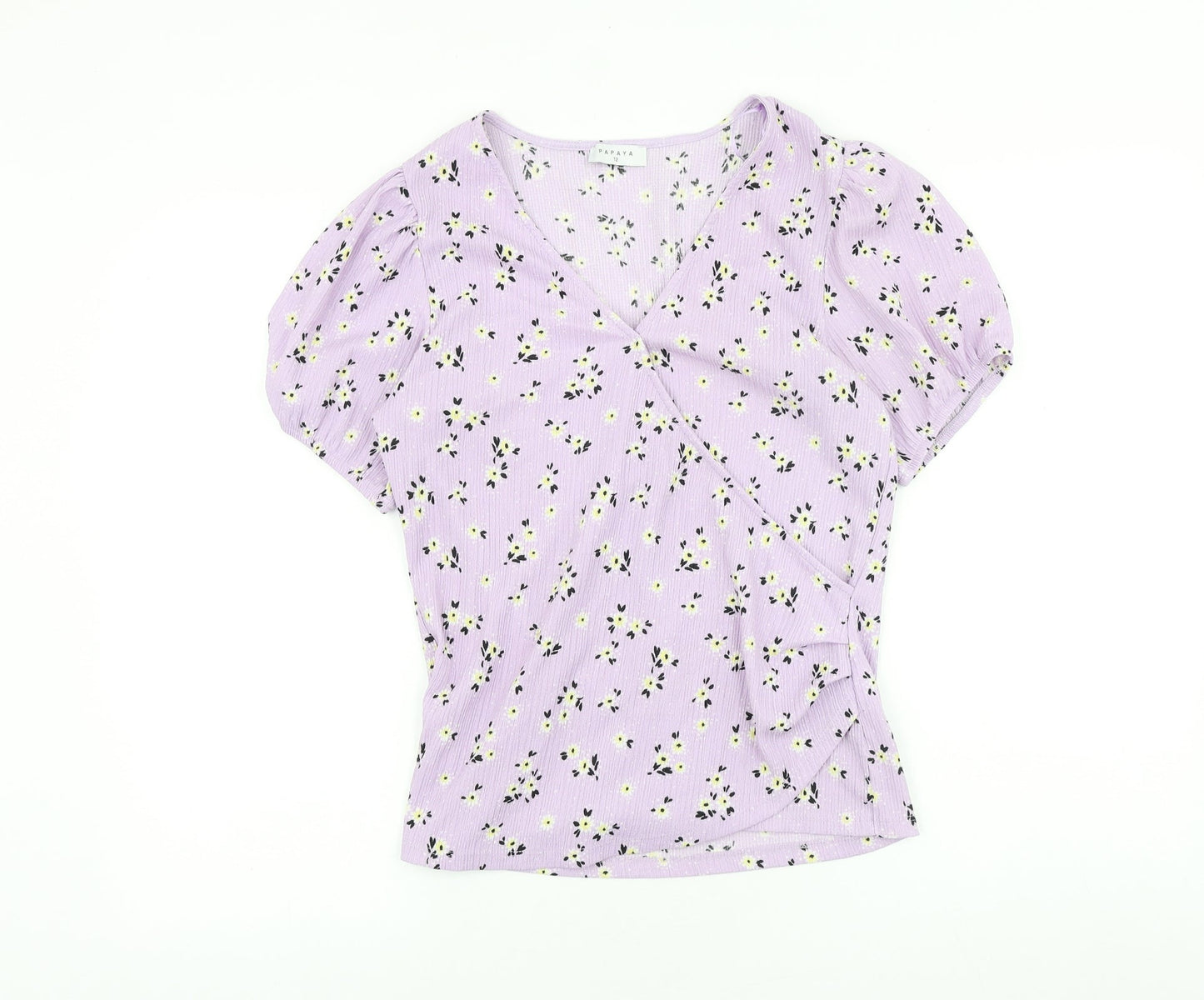 Papaya Womens Purple Floral Viscose Wrap T-Shirt Size 12 V-Neck - Faux Wrap