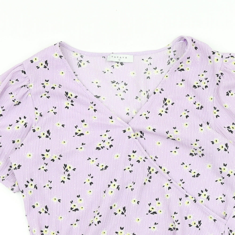Papaya Womens Purple Floral Viscose Wrap T-Shirt Size 12 V-Neck - Faux Wrap