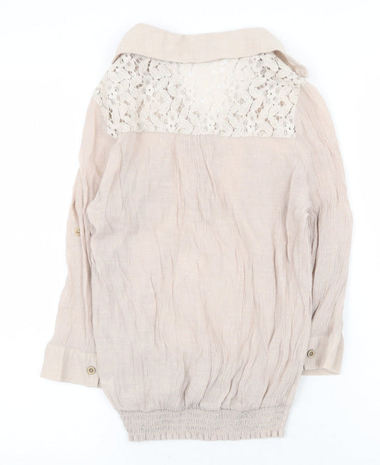 Active Womens Beige Cotton Basic Blouse Size M V-Neck - Lace Detail