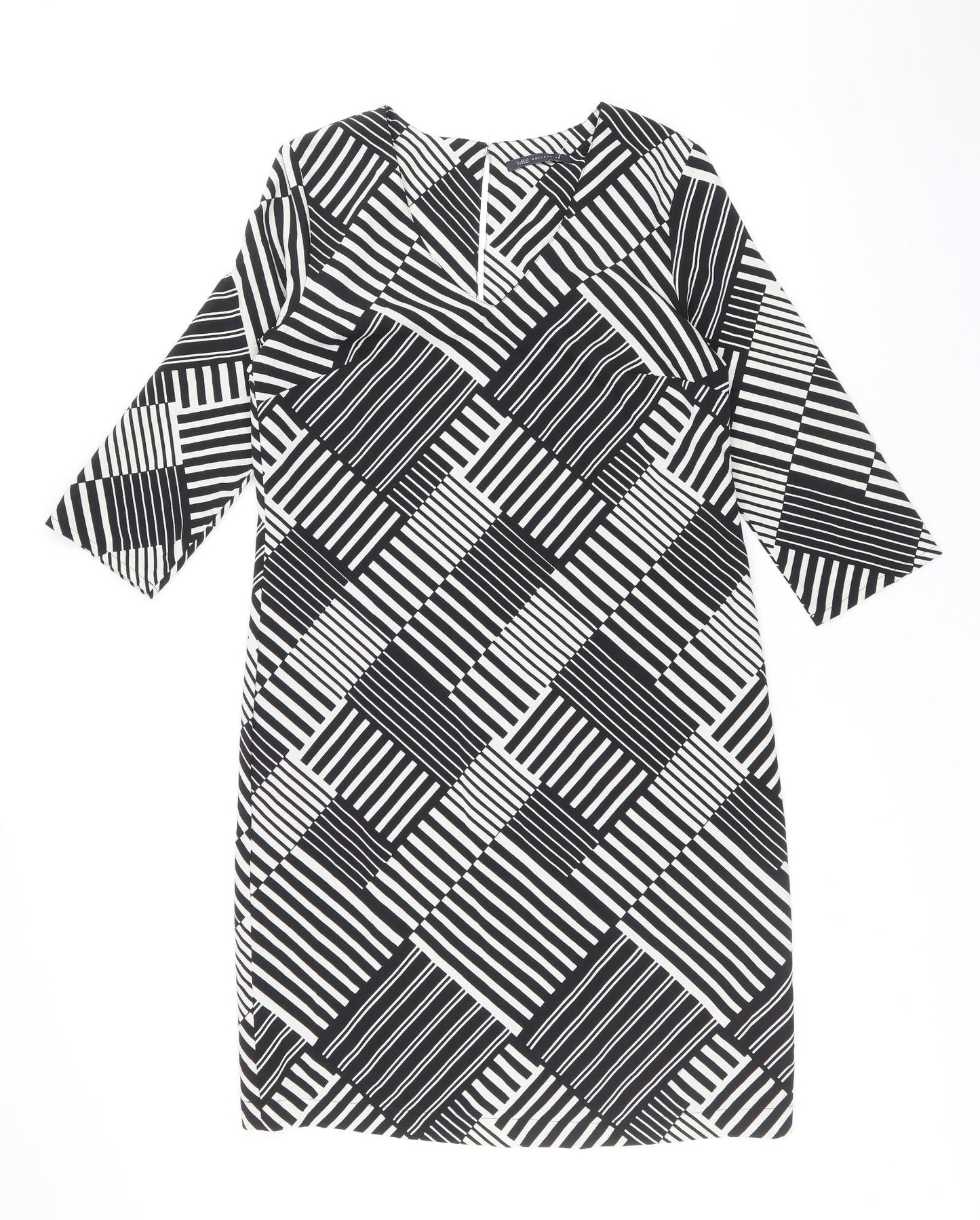 Marks and Spencer Womens Black Geometric Polyester Shift Size 10 V-Neck Button