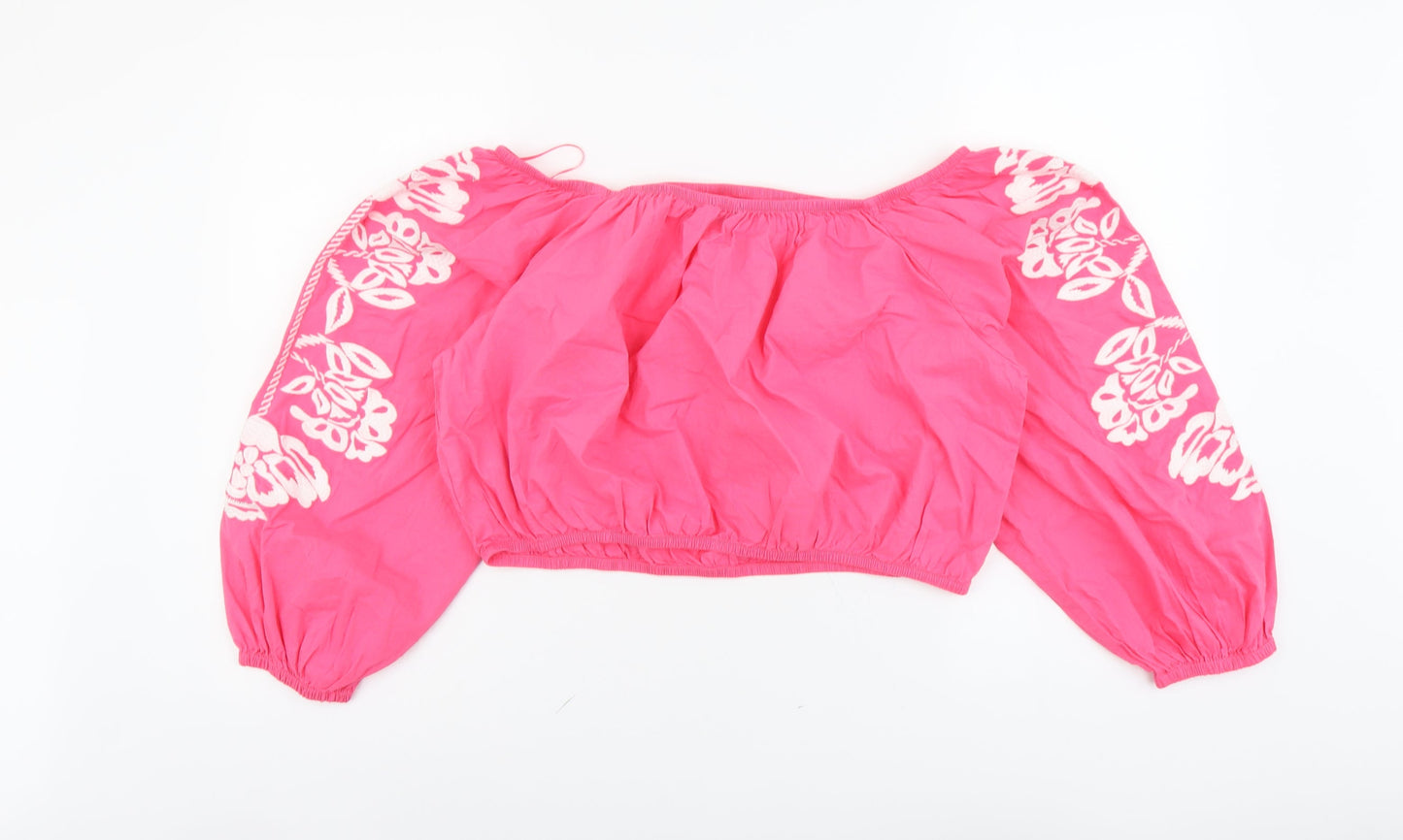 Marks and Spencer Womens Pink Cotton Cropped Blouse Size 18 Boat Neck - Flower Detail