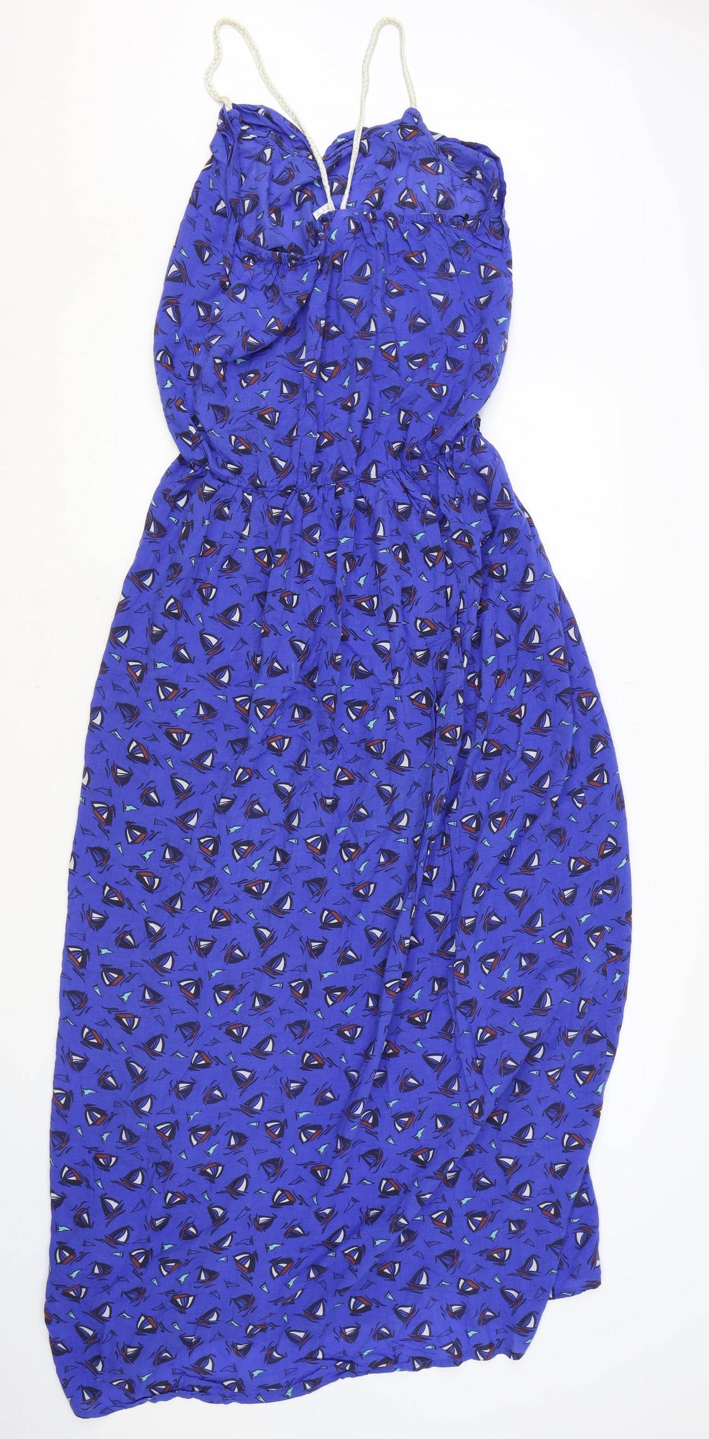 Ocean Club Womens Blue Geometric Polyester A-Line Size 10 Square Neck Pullover - Boat Print
