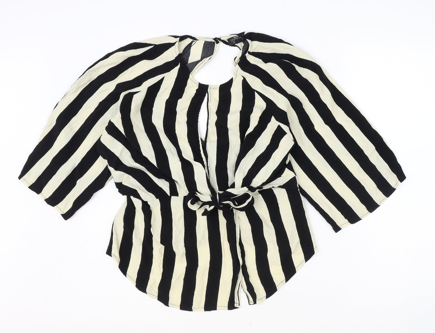 Topshop Womens Ivory Striped Viscose Basic Blouse Size 12 Round Neck - Keyhole Neckline, Open Back