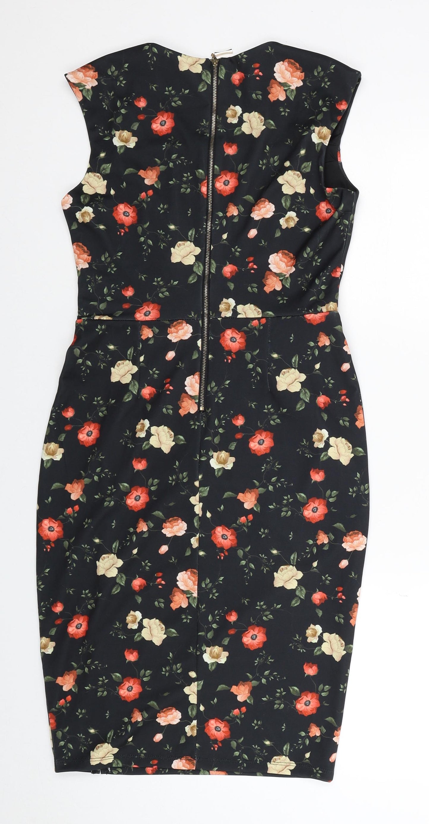 GFLock Womens Black Floral Nylon Shift Size 8 Square Neck Zip